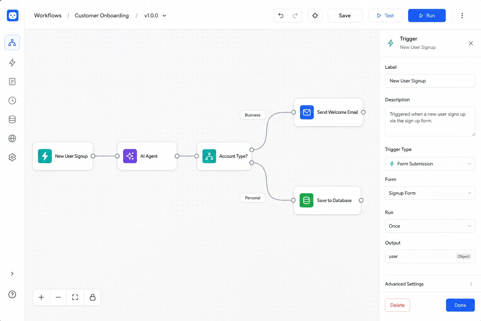 AutoFlow AI automation workspace with workflow builder and assistant