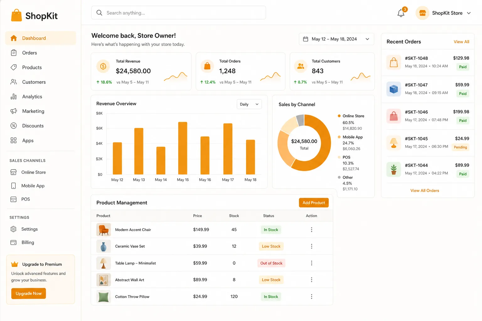 ShopKit e-commerce admin with sales overview and order management