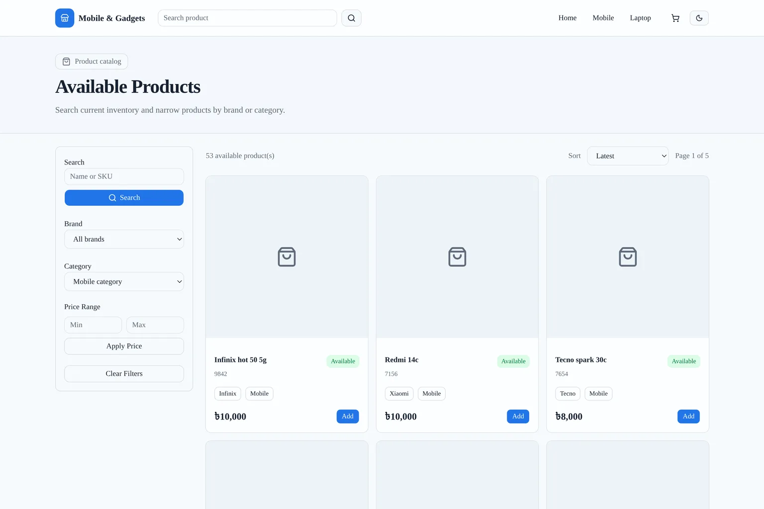 Mobile and Gadgets store homepage showing live phone inventory with availability badges — view 3