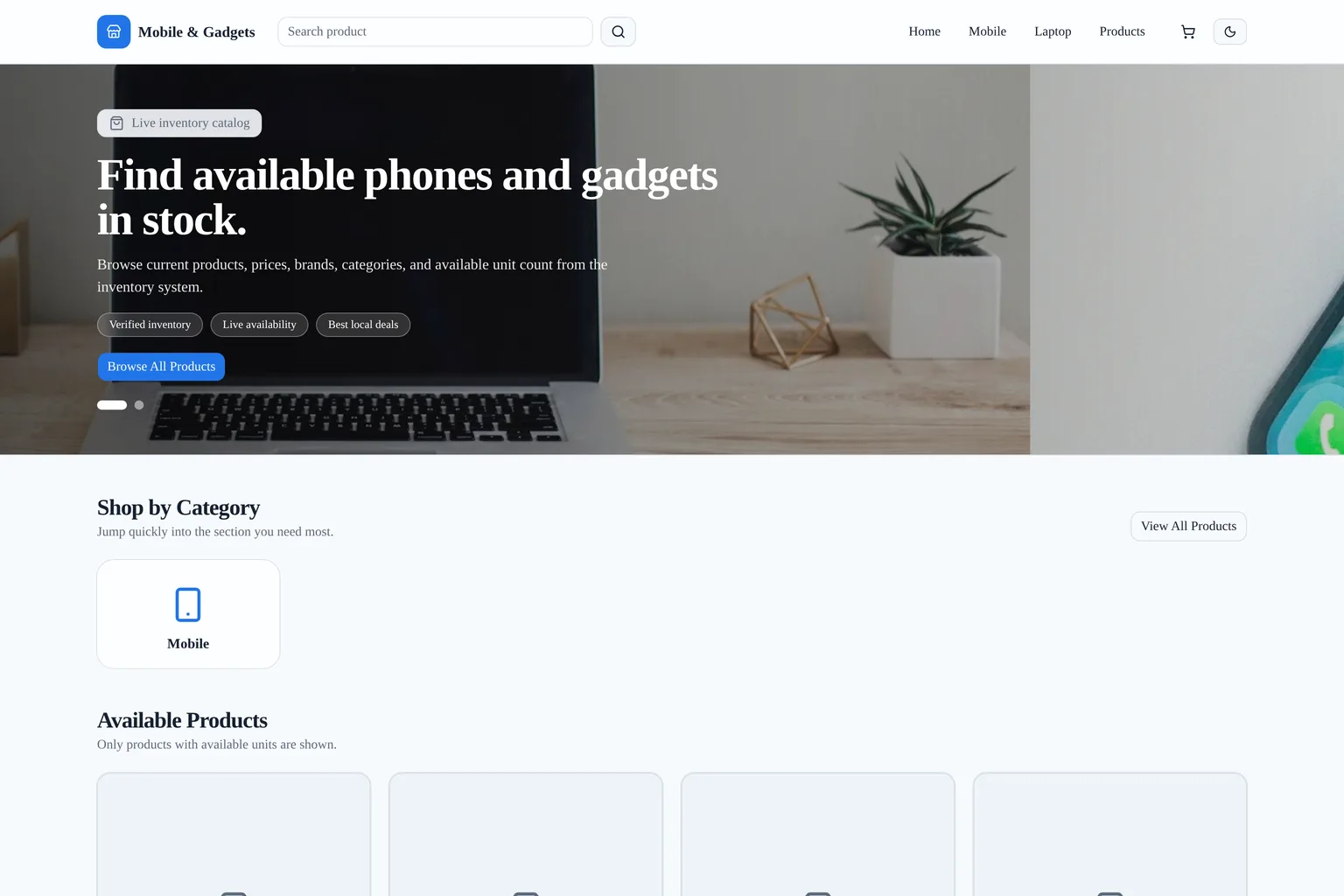 Mobile and Gadgets store homepage showing live phone inventory with availability badges