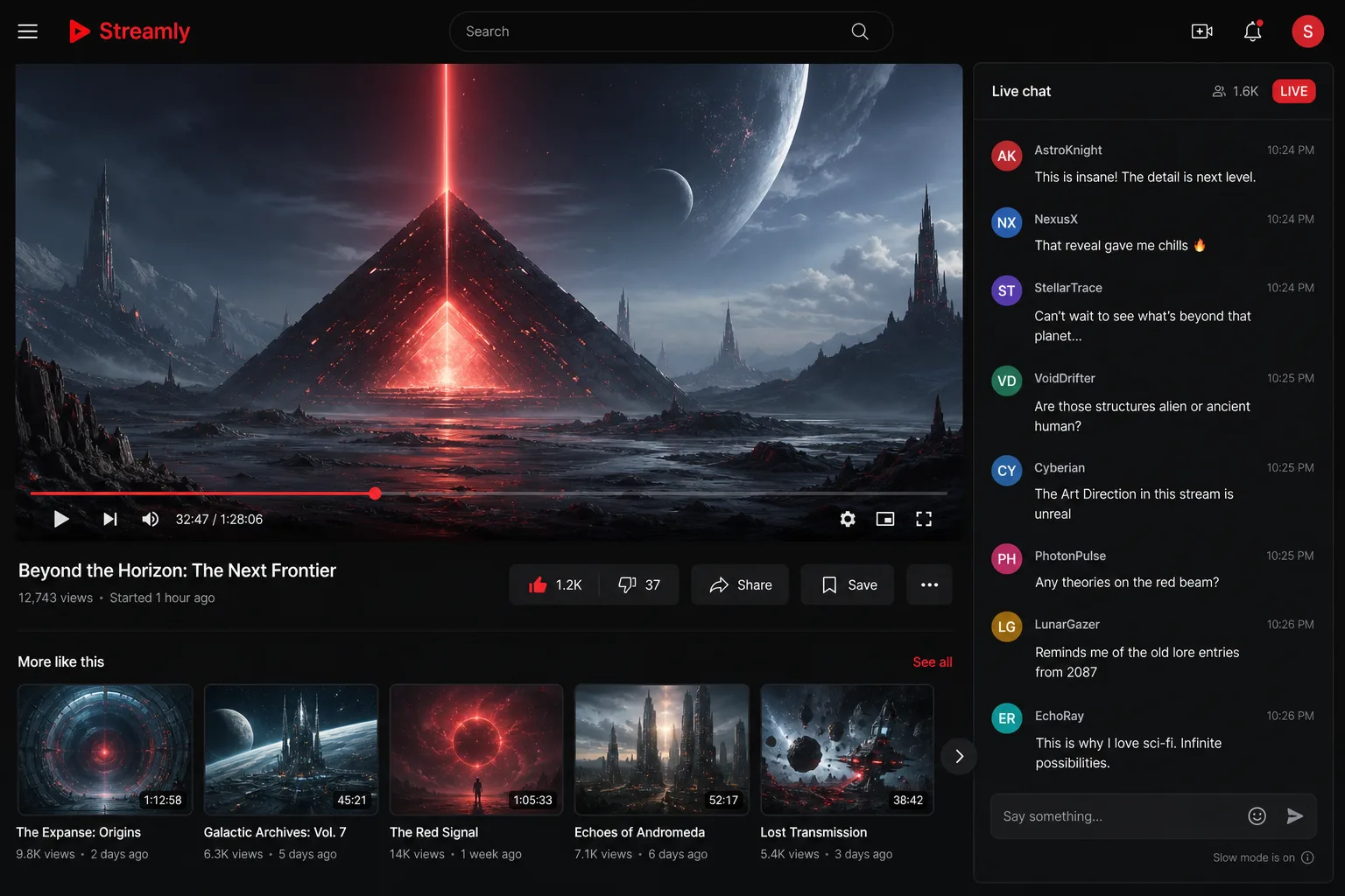 Streamly video streaming homepage with featured player and content rows — view 2