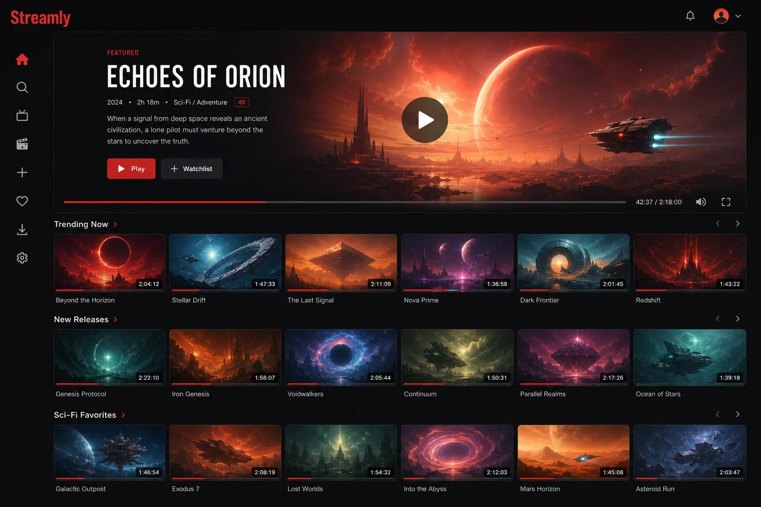 Streamly video streaming homepage with featured player and content rows